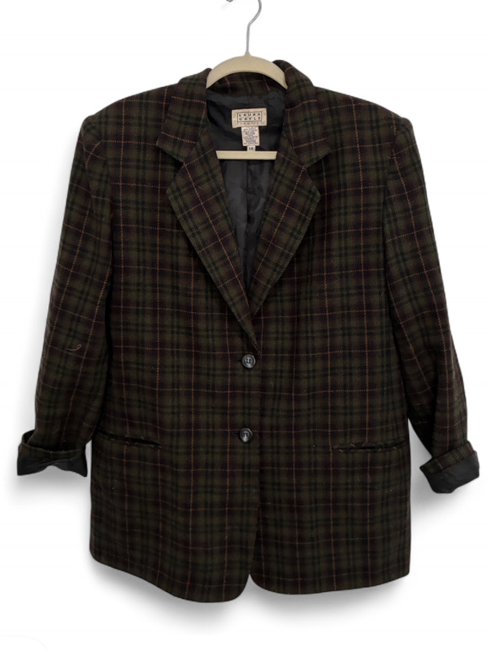 Vintage Laura Gayle Dark Academia Green and Brown Plaid Blazer Jacket